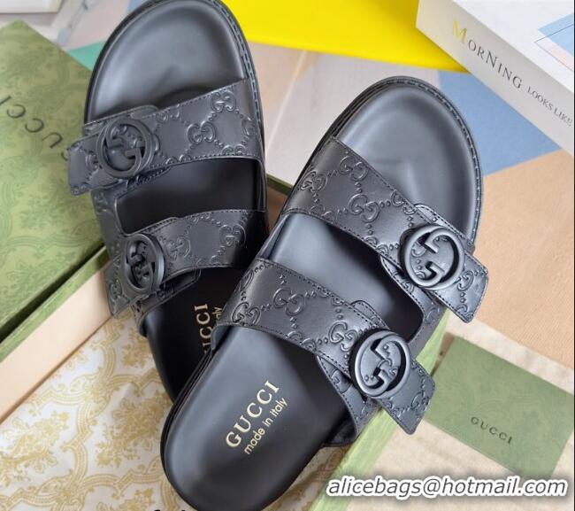 Perfect Gucci Men's GG Leather Flat Slide Sandals Black 427090