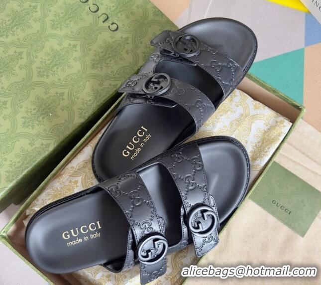 Perfect Gucci Men's GG Leather Flat Slide Sandals Black 427090