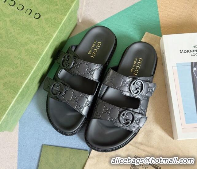 Perfect Gucci Men's GG Leather Flat Slide Sandals Black 427090