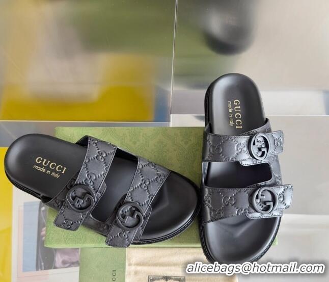 Perfect Gucci Men's GG Leather Flat Slide Sandals Black 427090