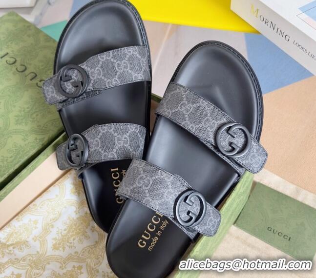 Luxury Gucci Men's GG Canvas Flat Slide Sandals with Double Strap Black 427092