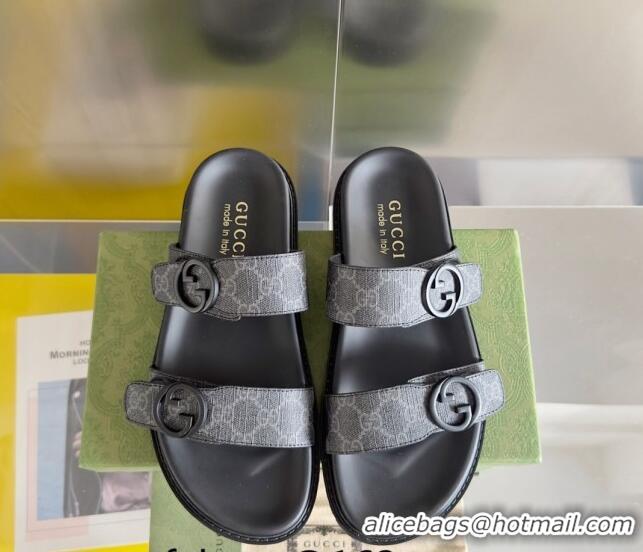 Luxury Gucci Men's GG Canvas Flat Slide Sandals with Double Strap Black 427092