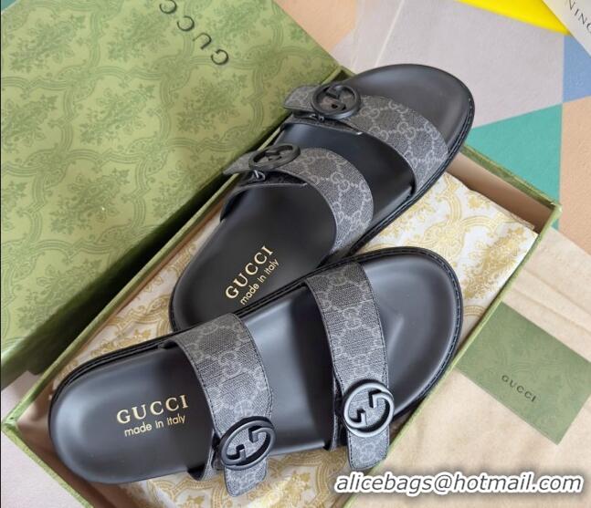 Luxury Gucci Men's GG Canvas Flat Slide Sandals with Double Strap Black 427092