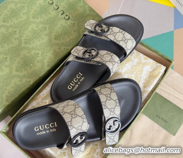 Perfect Gucci Men's GG Canvas Flat Slide Sandals with Double Strap Beige 427093