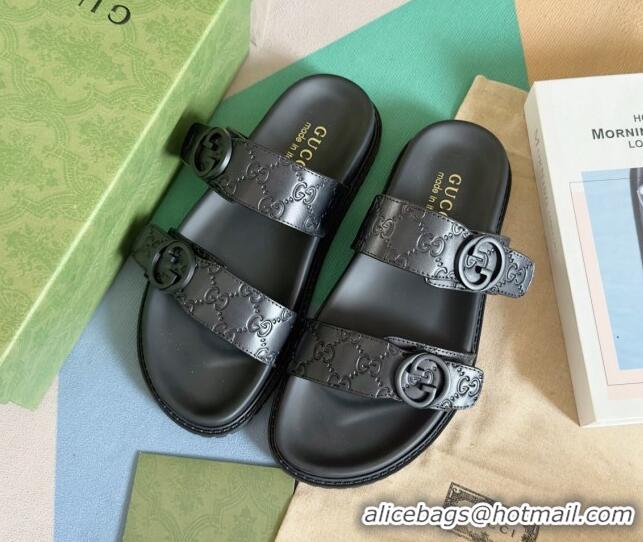 Best Grade Gucci Men's GG Leather Flat Slide Sandals with Double Strap Black 427100