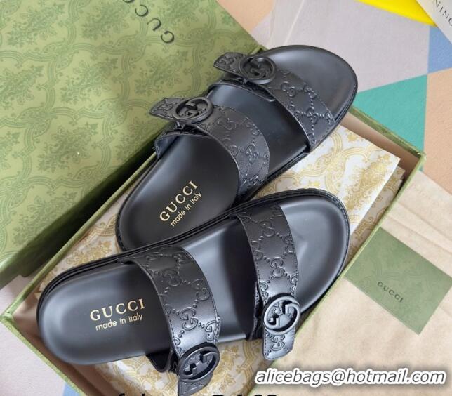 Best Grade Gucci Men's GG Leather Flat Slide Sandals with Double Strap Black 427100