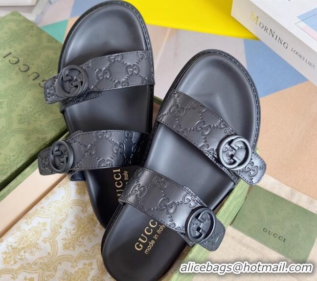 Best Grade Gucci Men's GG Leather Flat Slide Sandals with Double Strap Black 427100