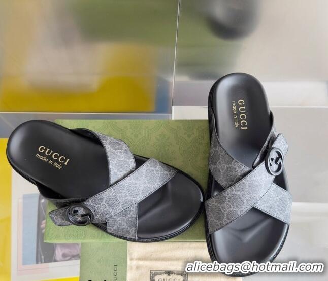 Pretty Style Gucci Men's GG Canvas Flat Slide Sandals with Cross Strap Black 427094