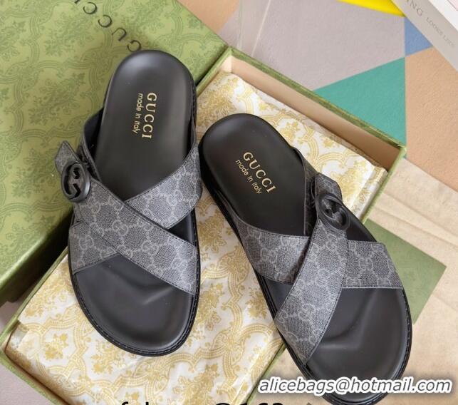 Pretty Style Gucci Men's GG Canvas Flat Slide Sandals with Cross Strap Black 427094