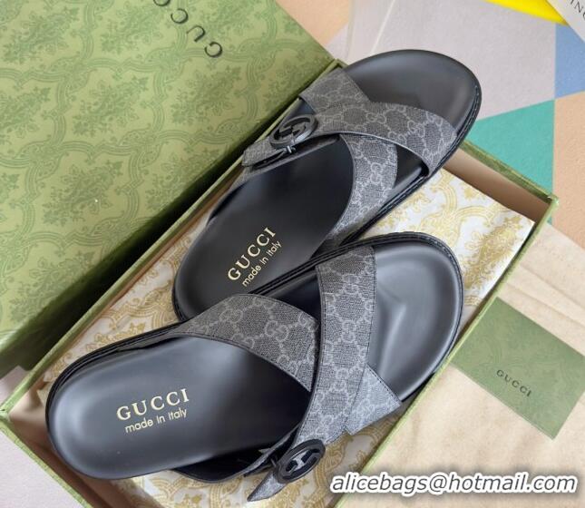 Pretty Style Gucci Men's GG Canvas Flat Slide Sandals with Cross Strap Black 427094