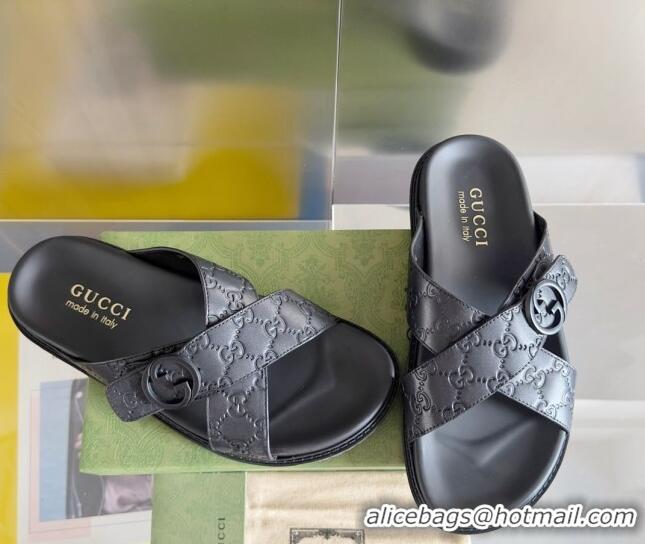 Unique Style Gucci Men's GG Leather Flat Slide Sandals with Cross Strap Black 427096