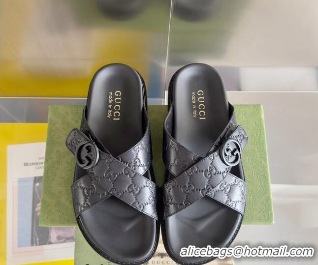 Unique Style Gucci Men's GG Leather Flat Slide Sandals with Cross Strap Black 427096