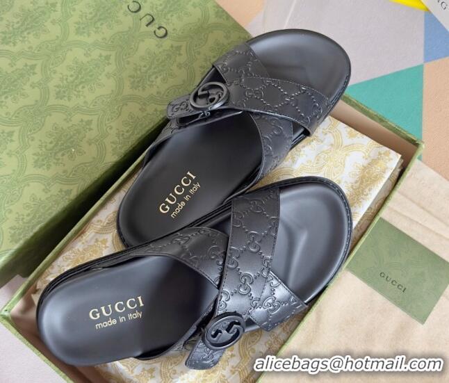 Unique Style Gucci Men's GG Leather Flat Slide Sandals with Cross Strap Black 427096