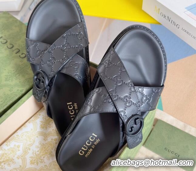 Unique Style Gucci Men's GG Leather Flat Slide Sandals with Cross Strap Black 427096