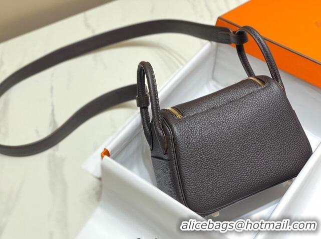 Popular Hermes Lindy Mini Bag 19cm in Grained Calfskin H0113 Ebony Brown