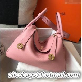 New Fashion Hermes Lindy Bag 26cm/30cm in Grained Leather H0061 Pink/Gold