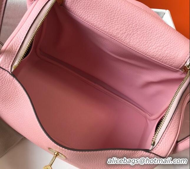 New Fashion Hermes Lindy Bag 26cm/30cm in Grained Leather H0061 Pink/Gold