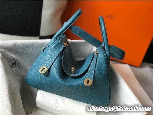 Top Design Hermes Lindy Bag 26cm/30cm in Grained Leather H0061 Denim Blue/Gold