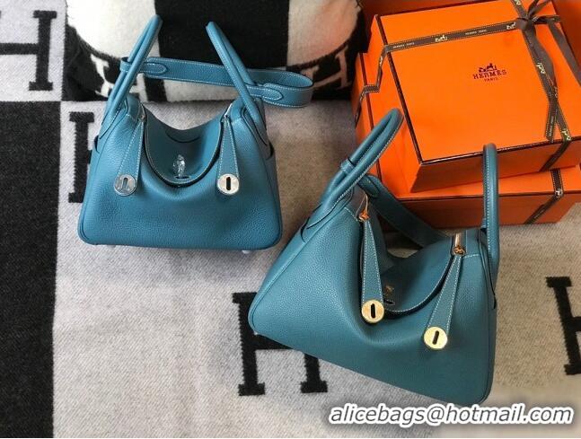 Top Design Hermes Lindy Bag 26cm/30cm in Grained Leather H0061 Denim Blue/Gold