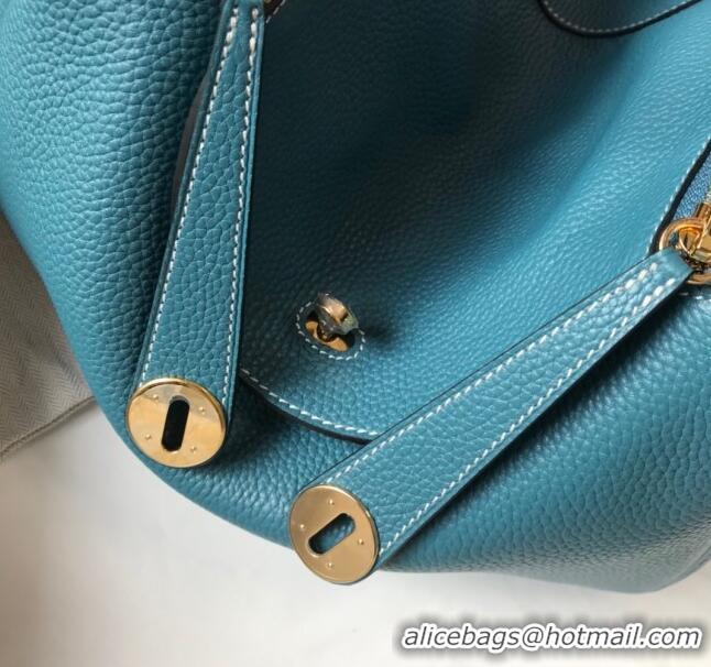 Top Design Hermes Lindy Bag 26cm/30cm in Grained Leather H0061 Denim Blue/Gold