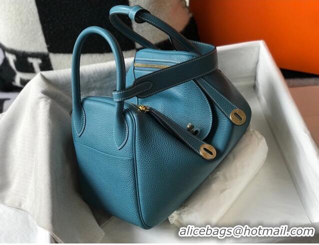 Top Design Hermes Lindy Bag 26cm/30cm in Grained Leather H0061 Denim Blue/Gold