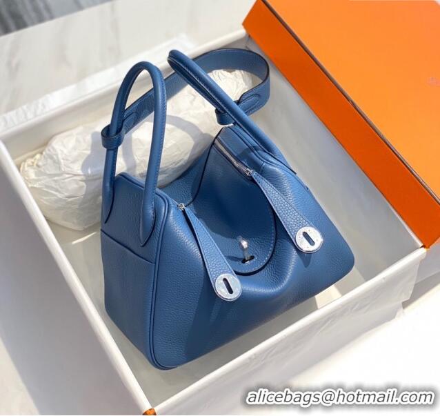 Shop Grade Hermes Lindy Bag 26cm/30cm in Grained Leather H0061 Agate Blue/Silver