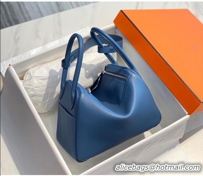 Shop Grade Hermes Lindy Bag 26cm/30cm in Grained Leather H0061 Agate Blue/Silver