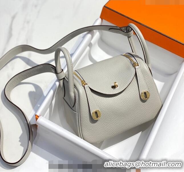 Unique Grade Hermes Lindy Mini Bag 19cm in Grainy Calfskin H7102 Pearly Grey