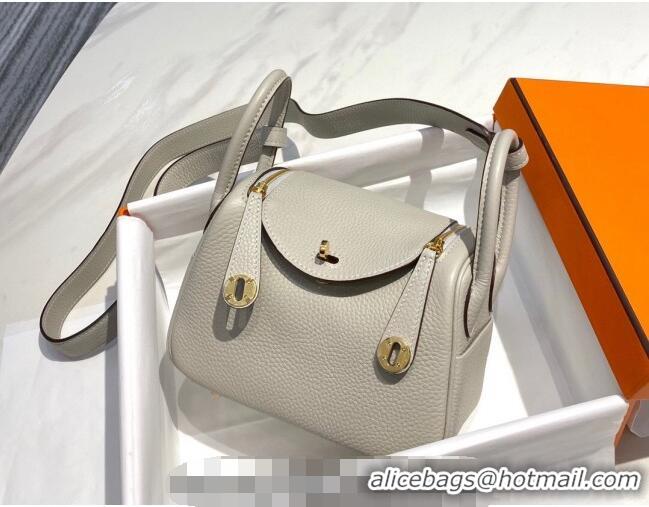 Unique Grade Hermes Lindy Mini Bag 19cm in Grainy Calfskin H7102 Pearly Grey