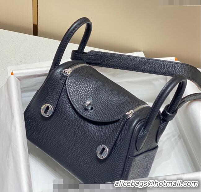 Cheapest Hermes Lindy Mini Bag 19cm in Grainy Calfskin H7102 Black/Silver