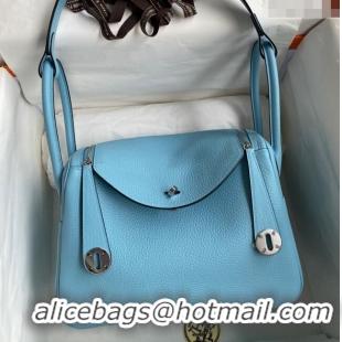 Top Grade Hermes Lindy 26/30 Bag in Original Taurillon Clemence Leather H1501 Macaron Blue/Silver 2024 (Full Handmade)