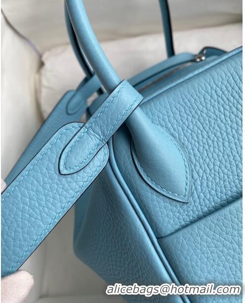 Top Grade Hermes Lindy 26/30 Bag in Original Taurillon Clemence Leather H1501 Macaron Blue/Silver 2024 (Full Handmade)