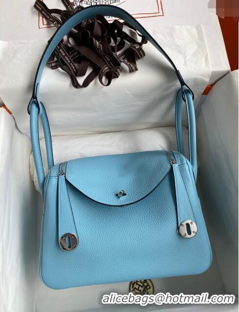 Top Grade Hermes Lindy 26/30 Bag in Original Taurillon Clemence Leather H1501 Macaron Blue/Silver 2024 (Full Handmade)