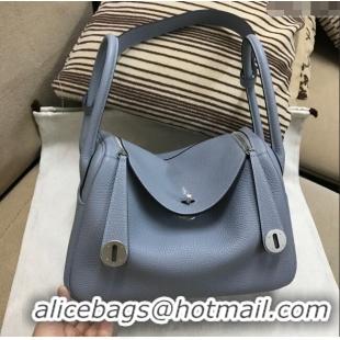 Best Quality Hermes Lindy 26/30 Bag in Original Taurillon Clemence Leather H1501 Linen Blue/Silver 2024 (Full Handmade)