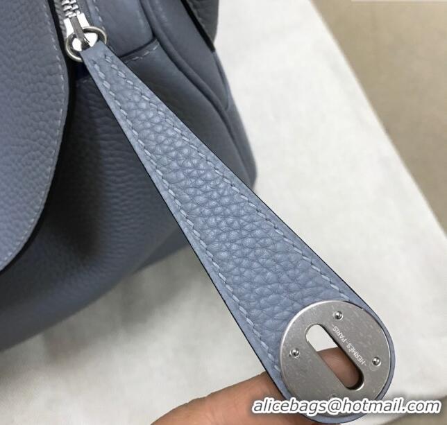 Best Quality Hermes Lindy 26/30 Bag in Original Taurillon Clemence Leather H1501 Linen Blue/Silver 2024 (Full Handmade)