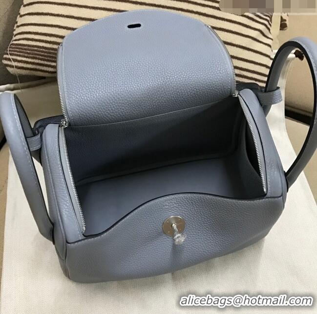 Best Quality Hermes Lindy 26/30 Bag in Original Taurillon Clemence Leather H1501 Linen Blue/Silver 2024 (Full Handmade)