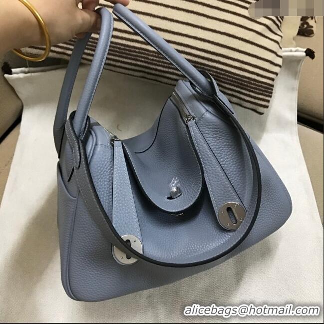 Best Quality Hermes Lindy 26/30 Bag in Original Taurillon Clemence Leather H1501 Linen Blue/Silver 2024 (Full Handmade)