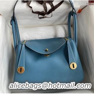 Most Popular Hermes Lindy 26/30 Bag in Original Taurillon Clemence Leather H1501 Denim Blue/Gold 2024 (Full Handmade)