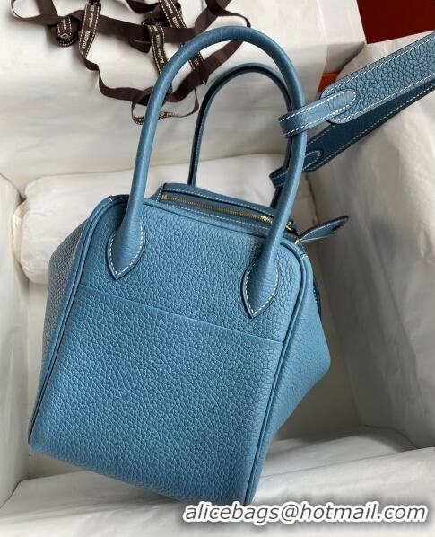 Most Popular Hermes Lindy 26/30 Bag in Original Taurillon Clemence Leather H1501 Denim Blue/Gold 2024 (Full Handmade)