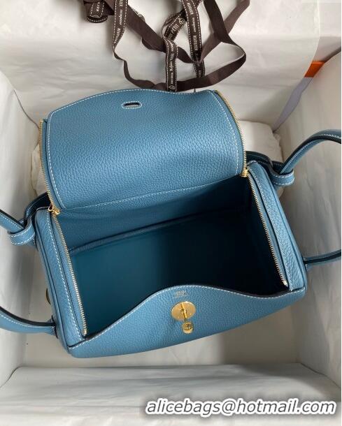 Most Popular Hermes Lindy 26/30 Bag in Original Taurillon Clemence Leather H1501 Denim Blue/Gold 2024 (Full Handmade)