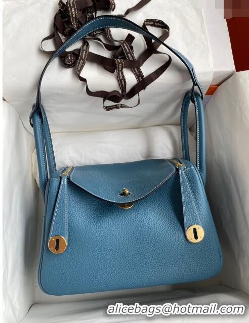 Most Popular Hermes Lindy 26/30 Bag in Original Taurillon Clemence Leather H1501 Denim Blue/Gold 2024 (Full Handmade)