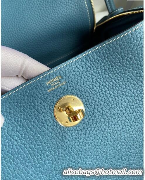 Most Popular Hermes Lindy 26/30 Bag in Original Taurillon Clemence Leather H1501 Denim Blue/Gold 2024 (Full Handmade)