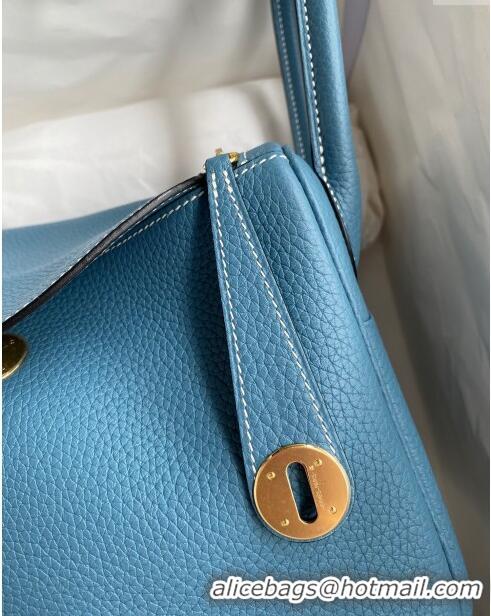 Most Popular Hermes Lindy 26/30 Bag in Original Taurillon Clemence Leather H1501 Denim Blue/Gold 2024 (Full Handmade)