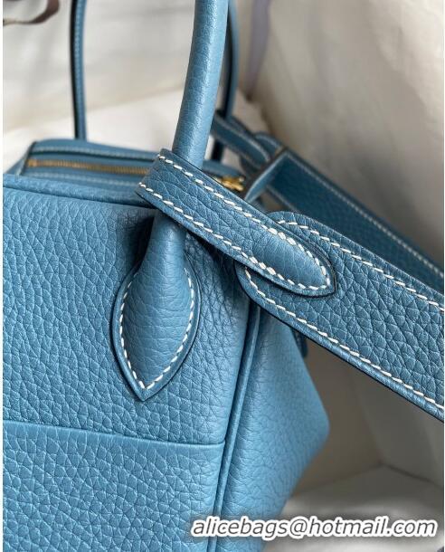 Most Popular Hermes Lindy 26/30 Bag in Original Taurillon Clemence Leather H1501 Denim Blue/Gold 2024 (Full Handmade)