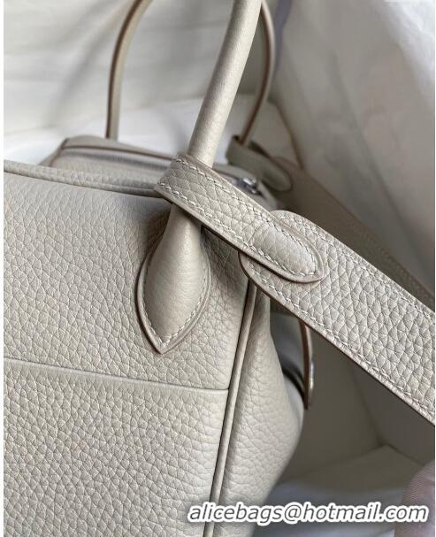 Unique Grade Hermes Lindy 26/30 Bag in Original Taurillon Clemence Leather Glacier H1501 White/Silver 2024 (Full Handmad