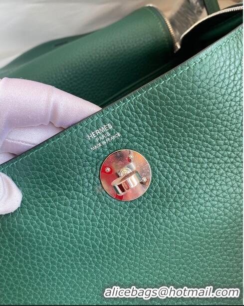 Well Crafted Hermes Lindy 26/30 Bag in Original Taurillon Clemence Leather Glacier H1501 Peacock Green/Silver 2024 (Full