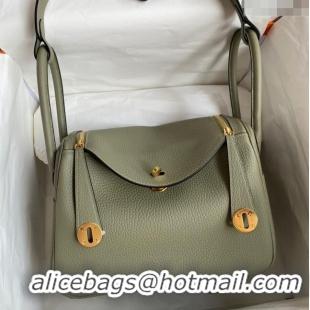 New Design Hermes Lindy 26/30 Bag in Original Taurillon Clemence Leather Glacier H1501 Sage Green/Gold 2024 (Full Handma