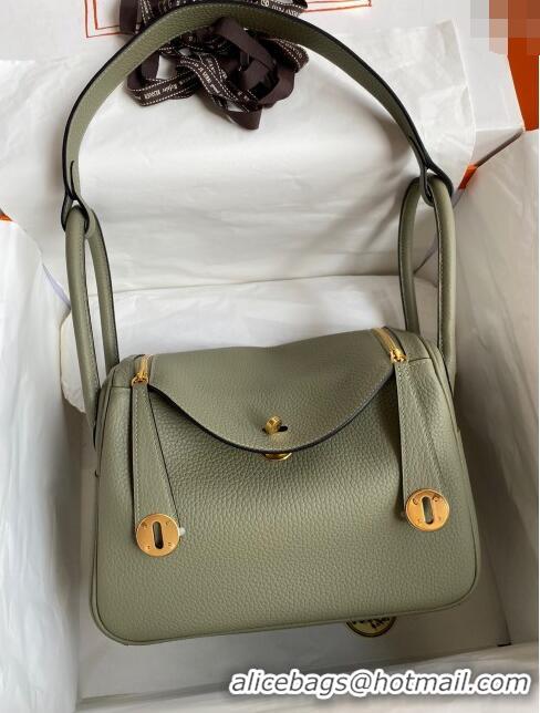 New Design Hermes Lindy 26/30 Bag in Original Taurillon Clemence Leather Glacier H1501 Sage Green/Gold 2024 (Full Handma