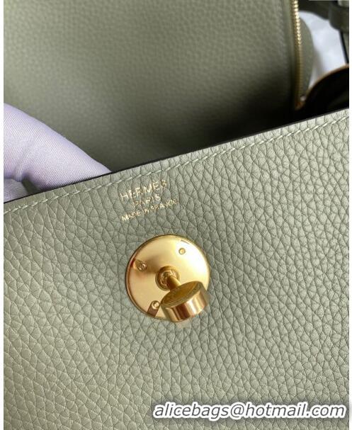 New Design Hermes Lindy 26/30 Bag in Original Taurillon Clemence Leather Glacier H1501 Sage Green/Gold 2024 (Full Handma