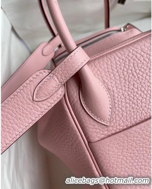 Top Design Hermes Lindy 26/30 Bag in Original Taurillon Clemence Leather Glacier H1501 3Q Pink/Silver 2024 (Full Handmad